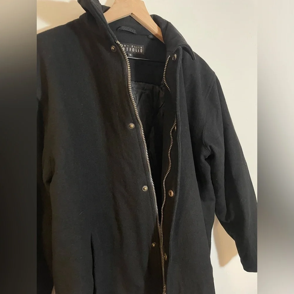 Perry Ellis Portfolio 100% Wool Mens Coat Jacket Size Med Black Quilted Lining